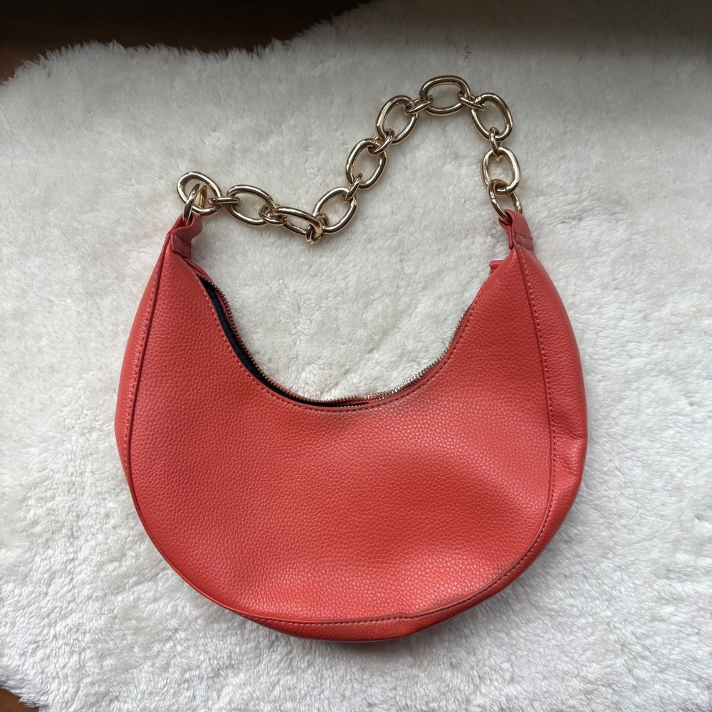 Forever 21 Coral Red Pebbled Vegan Leather Crescent Hobo Bag Gold Chain Handle